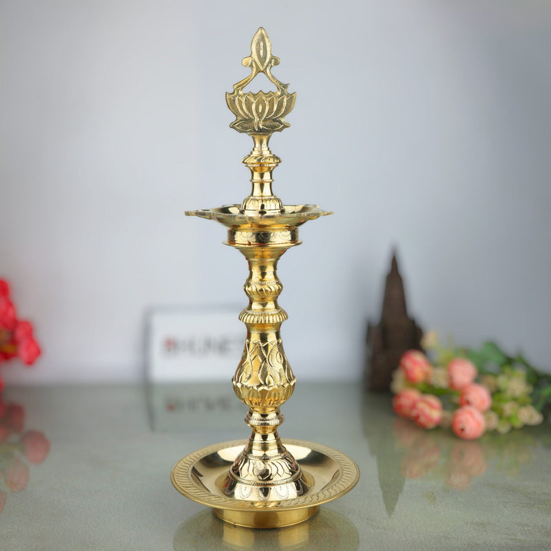 Brass Traditional Handcrafted Oil Lamp, Pooja Diya Stand, Temple Deepam Holder, Festival Aarti Lamp, Decorative Brass Diya, Gold, 16 Inch, 1 Piece