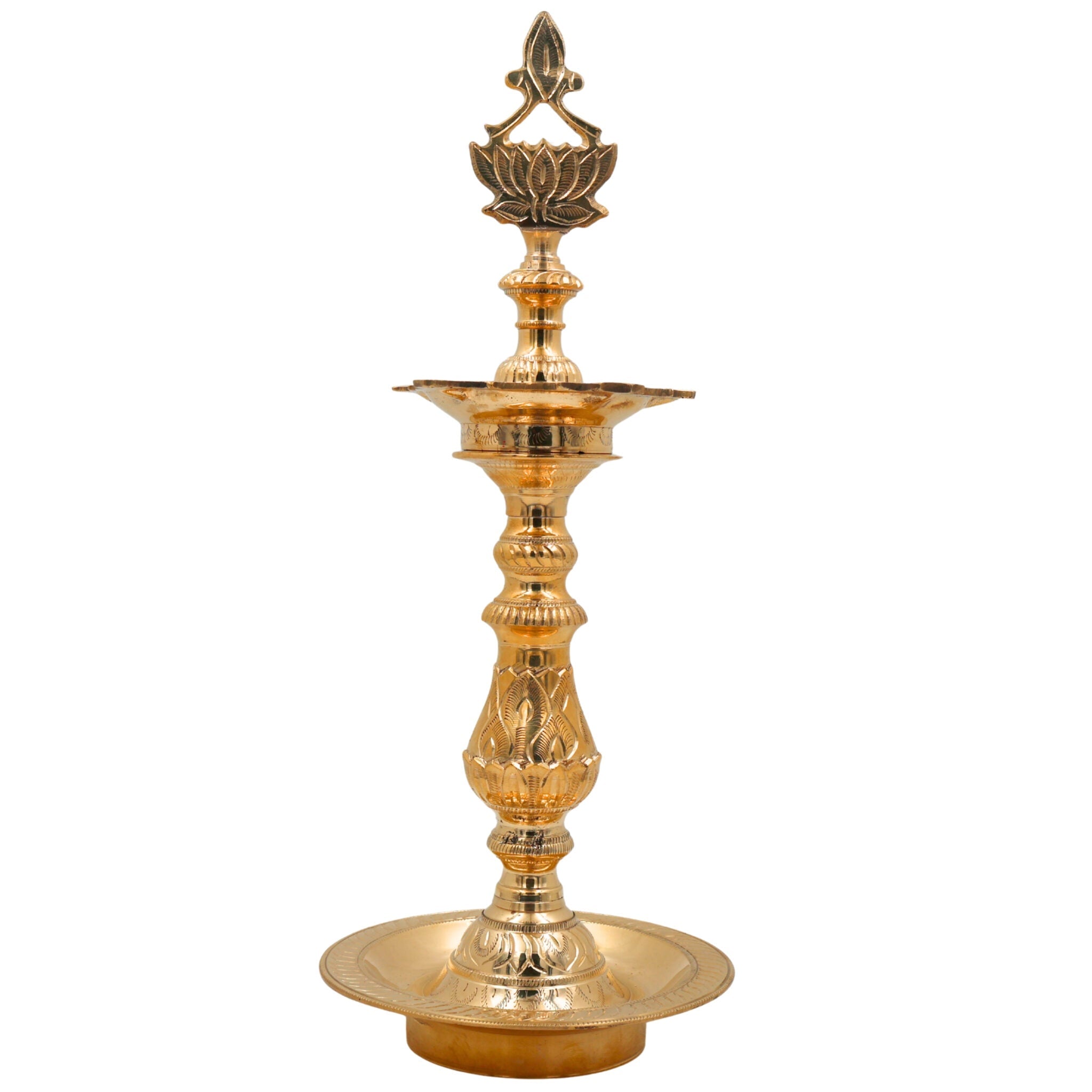 Brass Traditional Handcrafted Oil Lamp, Pooja Diya Stand, Temple Deepam Holder, Festival Aarti Lamp, Decorative Brass Diya, Gold, 16 Inch, 1 Piece