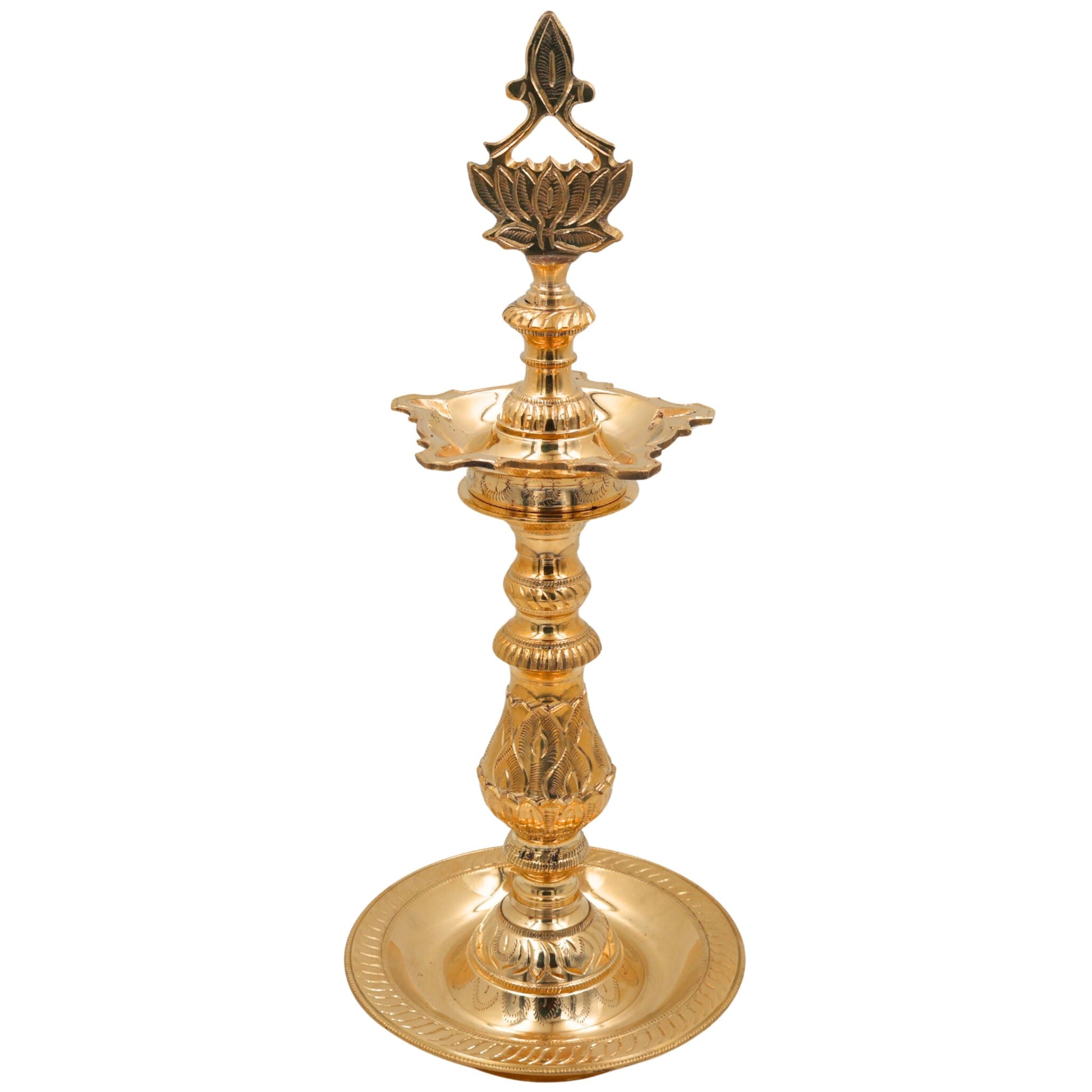 Brass Traditional Handcrafted Oil Lamp, Pooja Diya Stand, Temple Deepam Holder, Festival Aarti Lamp, Decorative Brass Diya, Gold, 16 Inch, 1 Piece