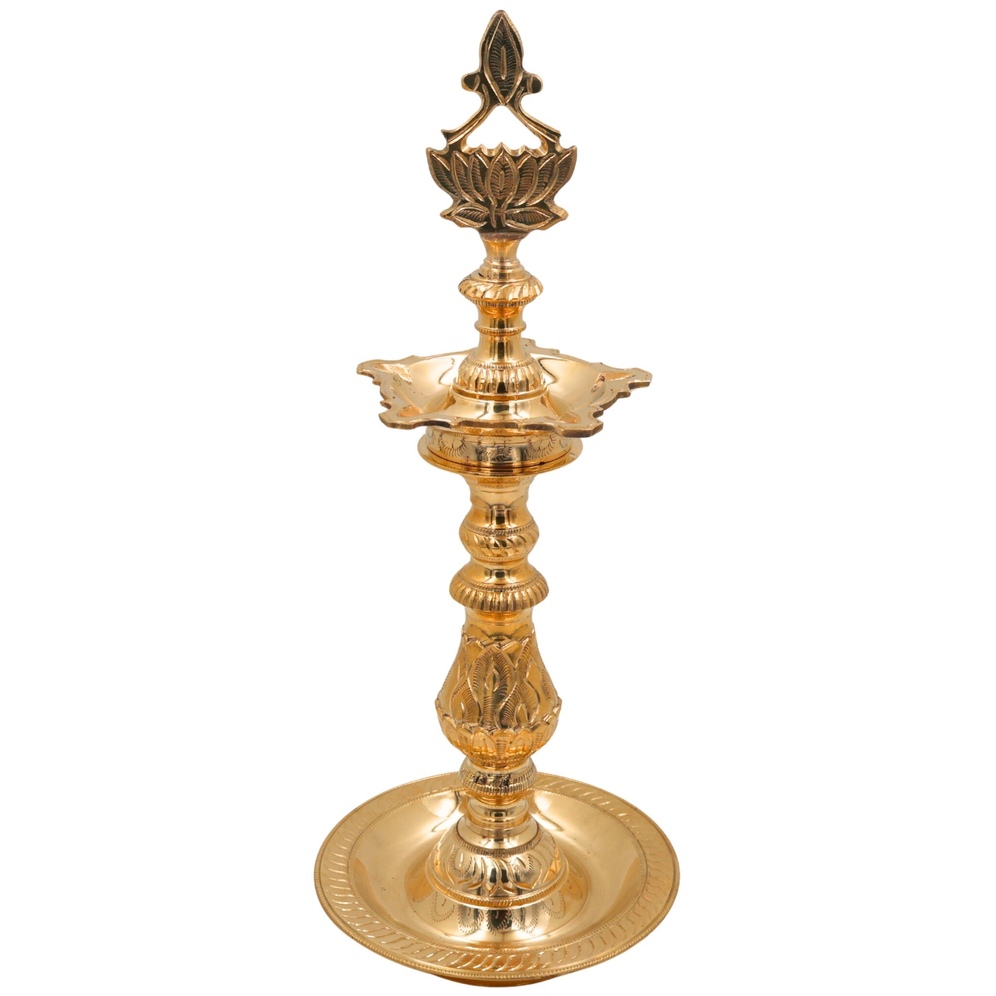 Brass Traditional Handcrafted Oil Lamp, Pooja Diya Stand, Temple Deepam Holder, Festival Aarti Lamp, Decorative Brass Diya, Gold, 16 Inch, 1 Piece