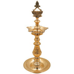Brass Traditional Handcrafted Oil Lamp, Pooja Diya Stand, Temple Deepam Holder, Festival Aarti Lamp, Decorative Brass Diya, Gold, 16 Inch, 1 Piece