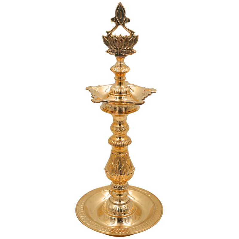 Brass Traditional Handcrafted Oil Lamp, Pooja Diya Stand, Temple Deepam Holder, Festival Aarti Lamp, Decorative Brass Diya, Gold, 16 Inch, 1 Piece