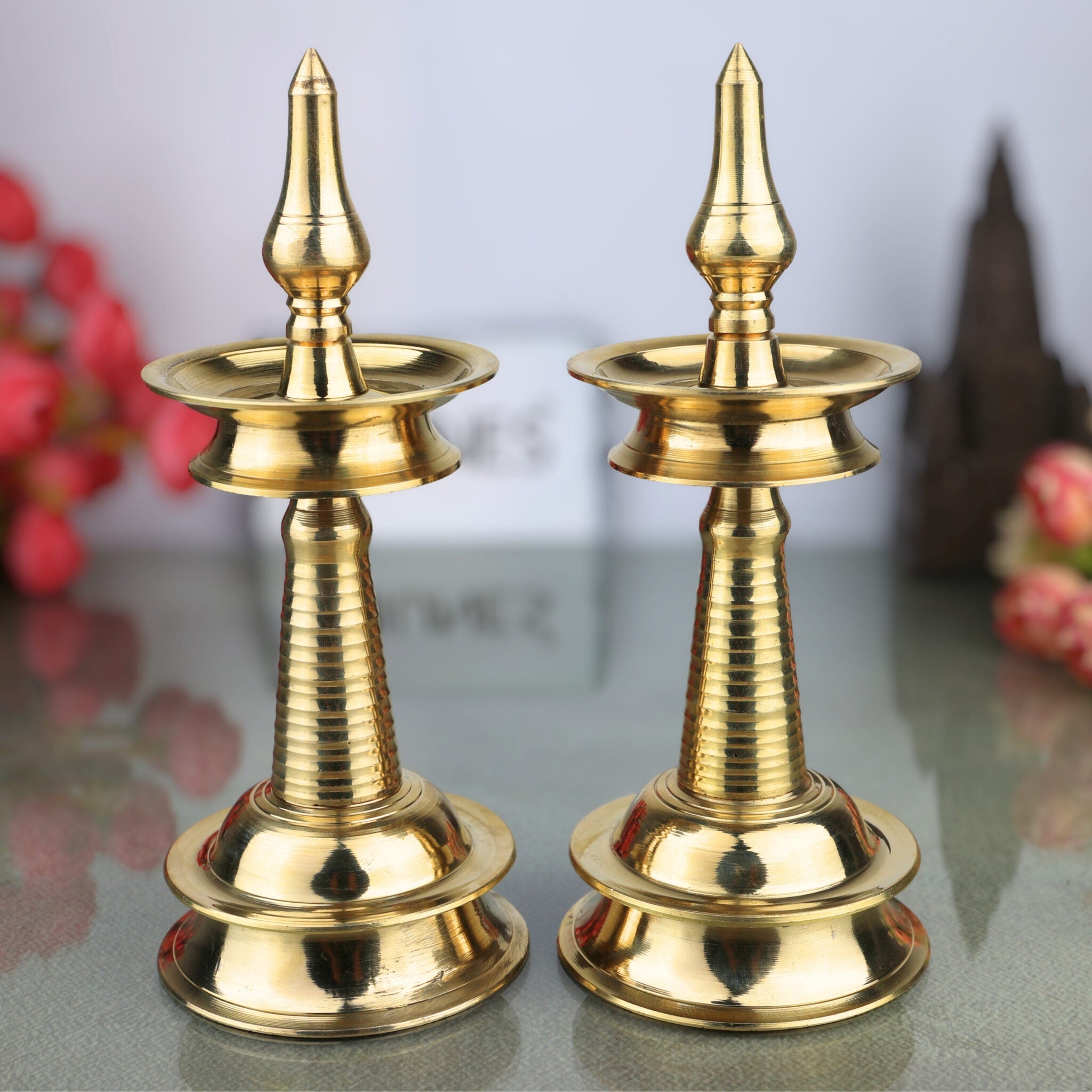 Brass Kerala Lamp Nilavilakku, Traditional Handmade Table Pooja Lamp, Ethnic Brass Oil Lamp for Home Decor & Temple, Set of 2, Gold, 8.5 Inch, 1 Piece