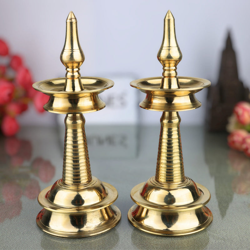 Brass Kerala Lamp Nilavilakku, Traditional Handmade Table Pooja Lamp, Ethnic Brass Oil Lamp for Home Decor & Temple, Set of 2, Gold, 8.5 Inch, 1 Piece