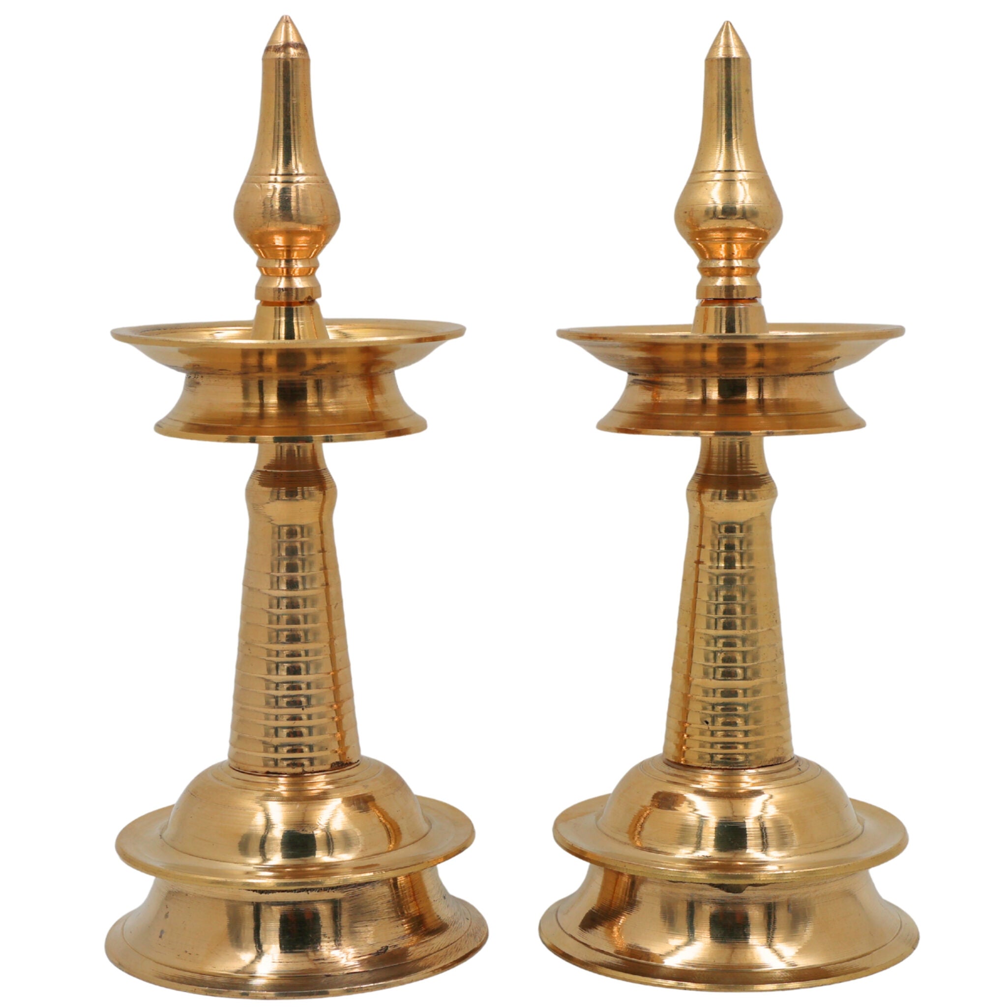 Brass Kerala Lamp Nilavilakku, Traditional Handmade Table Pooja Lamp, Ethnic Brass Oil Lamp for Home Decor & Temple, Set of 2, Gold, 8.5 Inch, 1 Piece