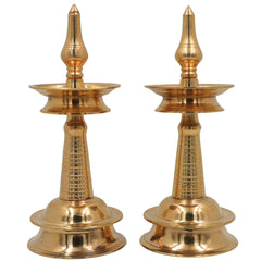 Brass Kerala Lamp Nilavilakku, Traditional Handmade Table Pooja Lamp, Ethnic Brass Oil Lamp for Home Decor & Temple, Set of 2, Gold, 8.5 Inch, 1 Piece