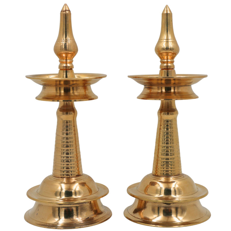Brass Kerala Lamp Nilavilakku, Traditional Handmade Table Pooja Lamp, Ethnic Brass Oil Lamp for Home Decor & Temple, Set of 2, Gold, 8.5 Inch, 1 Piece