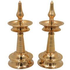 Brass Kerala Lamp Nilavilakku, Traditional Handmade Table Pooja Lamp, Ethnic Brass Oil Lamp for Home Decor & Temple, Set of 2, Gold, 8.5 Inch, 1 Piece
