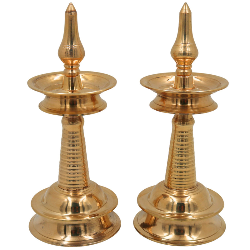 Brass Kerala Lamp Nilavilakku, Traditional Handmade Table Pooja Lamp, Ethnic Brass Oil Lamp for Home Decor & Temple, Set of 2, Gold, 8.5 Inch, 1 Piece