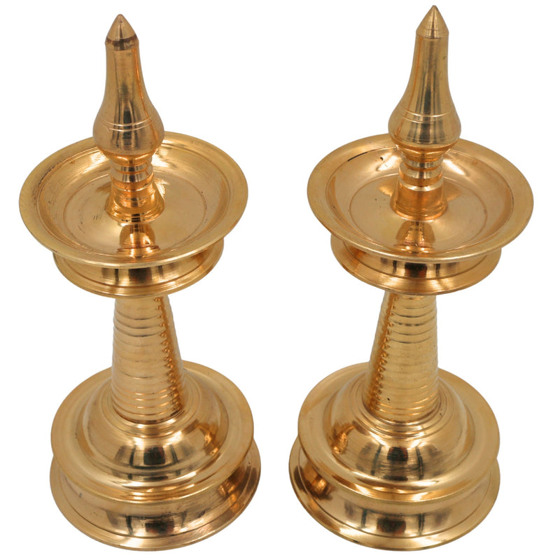 Brass Kerala Lamp Nilavilakku, Traditional Handmade Table Pooja Lamp, Ethnic Brass Oil Lamp for Home Decor & Temple, Set of 2, Gold, 8.5 Inch, 1 Piece
