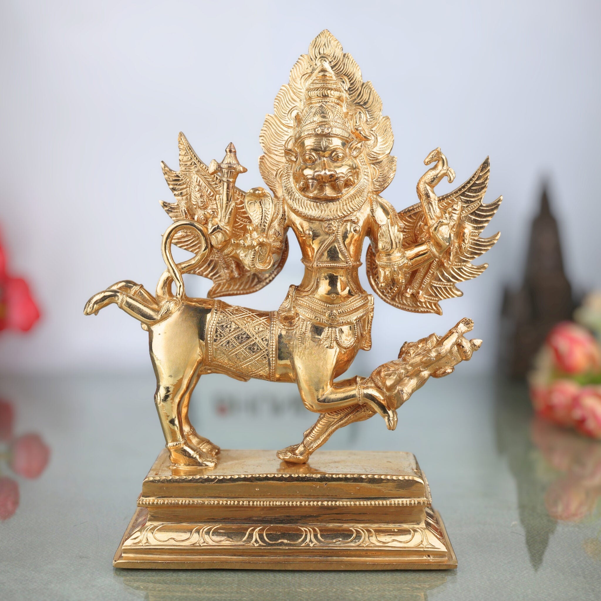 Handmade Bronze Sharabha Idol, Panchaloha & Ashtadhatu Murti, Lord Sharabha Statue for Temple, Pooja, Home Decor, Chola Art, Gold, 10 Inch, 1 Piece