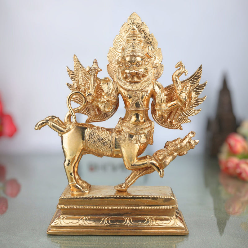 Handmade Bronze Sharabha Idol, Panchaloha & Ashtadhatu Murti, Lord Sharabha Statue for Temple, Pooja, Home Decor, Chola Art, Gold, 10 Inch, 1 Piece