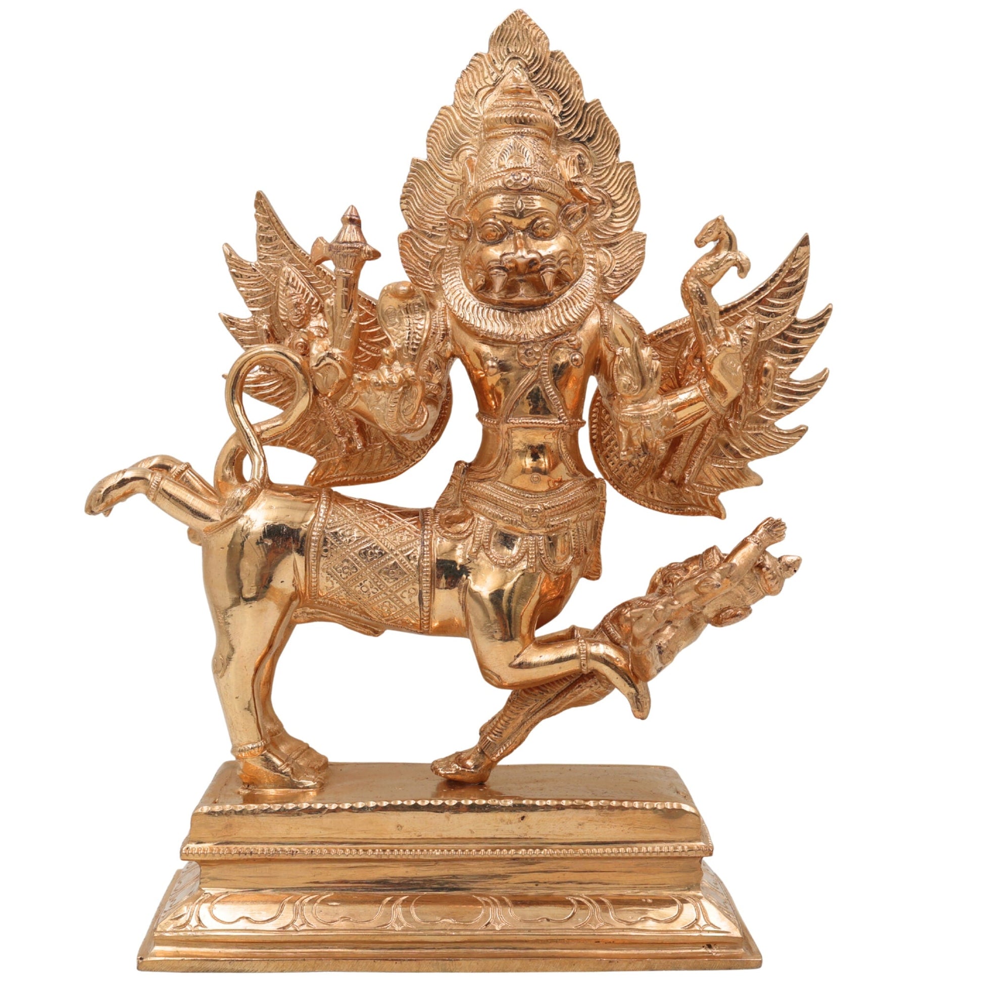 Handmade Bronze Sharabha Idol, Panchaloha & Ashtadhatu Murti, Lord Sharabha Statue for Temple, Pooja, Home Decor, Chola Art, Gold, 10 Inch, 1 Piece