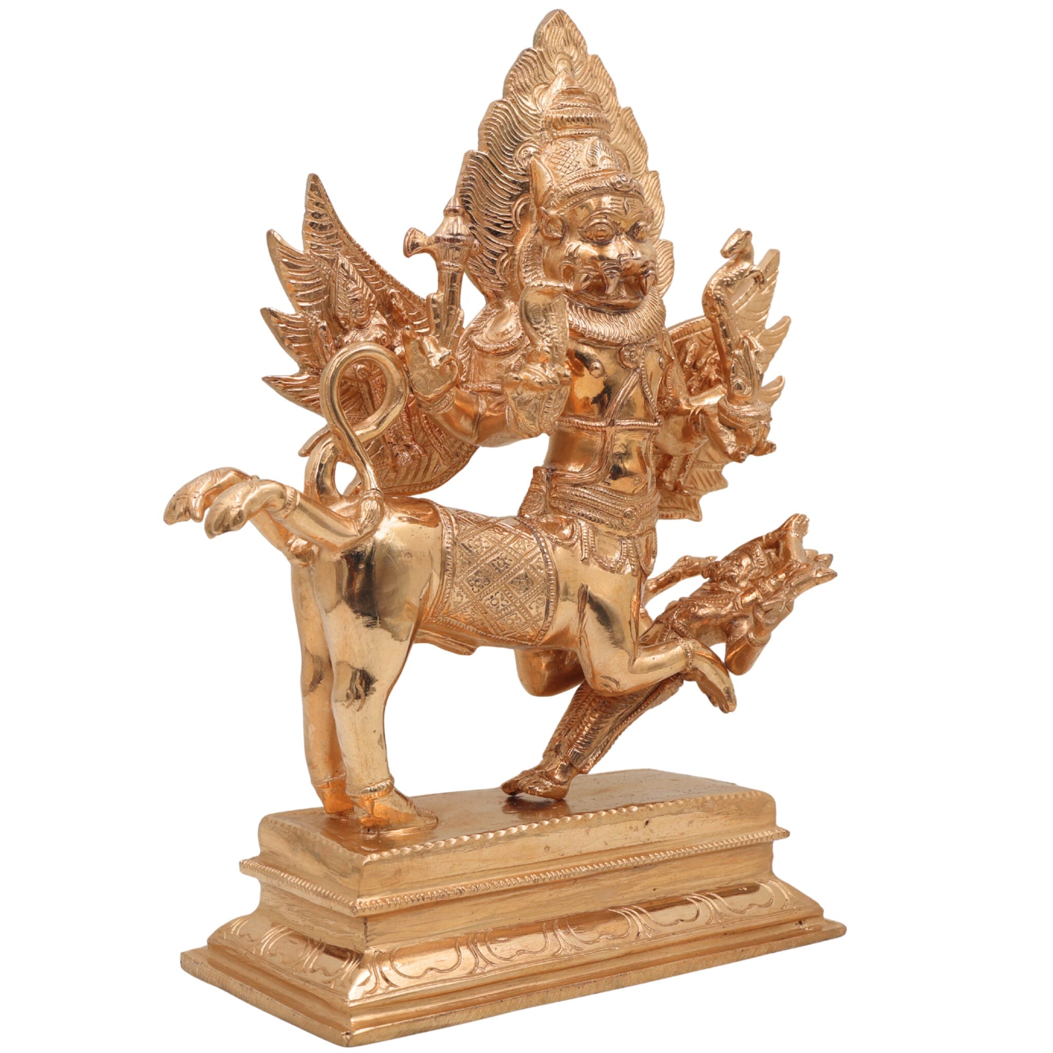 Handmade Bronze Sharabha Idol, Panchaloha & Ashtadhatu Murti, Lord Sharabha Statue for Temple, Pooja, Home Decor, Chola Art, Gold, 10 Inch, 1 Piece