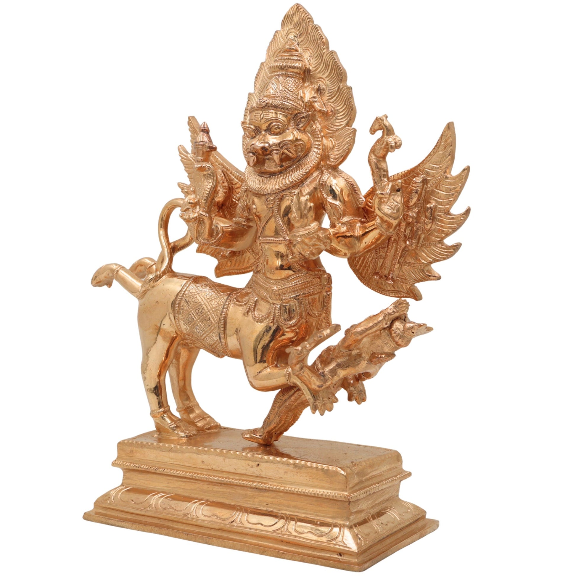 Handmade Bronze Sharabha Idol, Panchaloha & Ashtadhatu Murti, Lord Sharabha Statue for Temple, Pooja, Home Decor, Chola Art, Gold, 10 Inch, 1 Piece