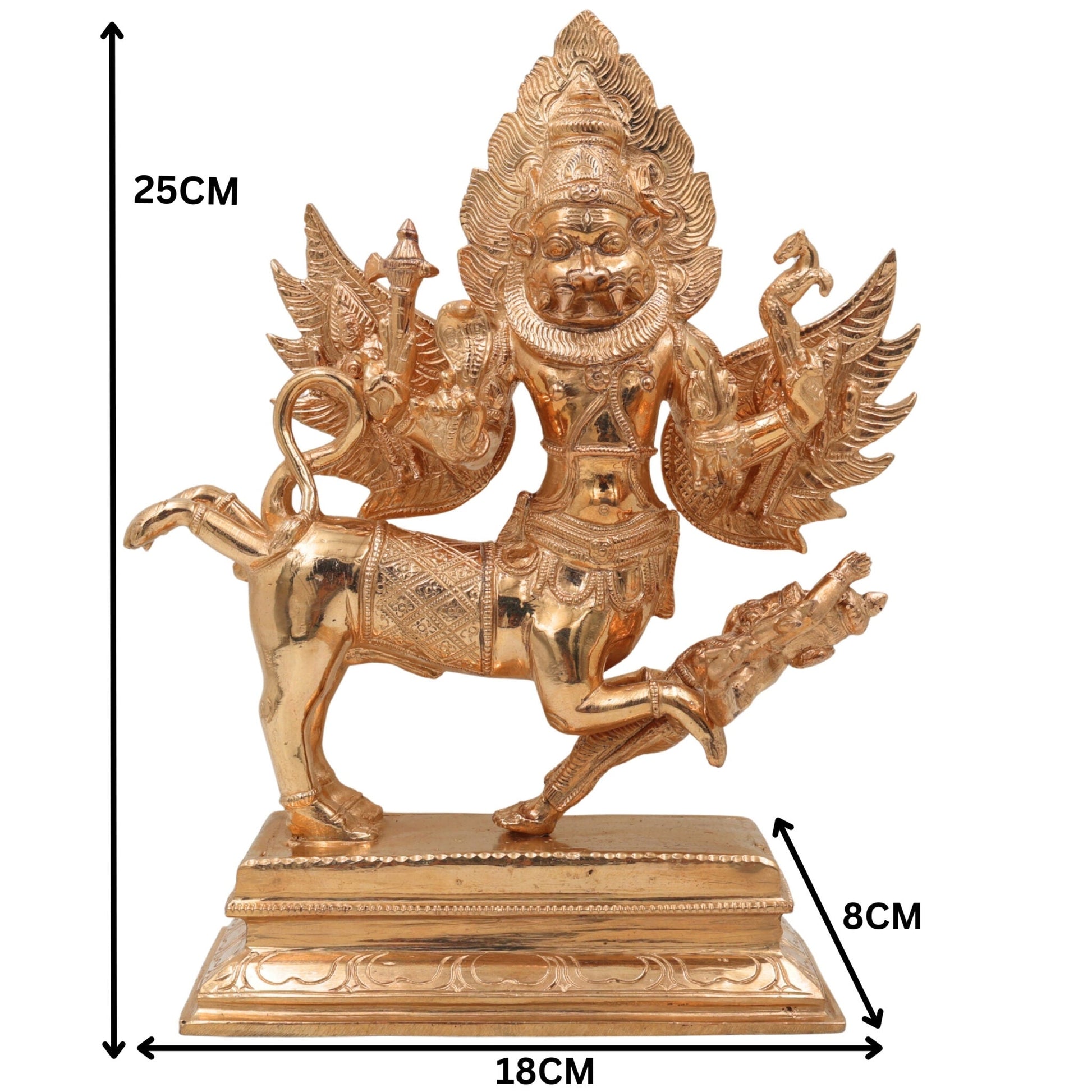 Handmade Bronze Sharabha Idol, Panchaloha & Ashtadhatu Murti, Lord Sharabha Statue for Temple, Pooja, Home Decor, Chola Art, Gold, 10 Inch, 1 Piece