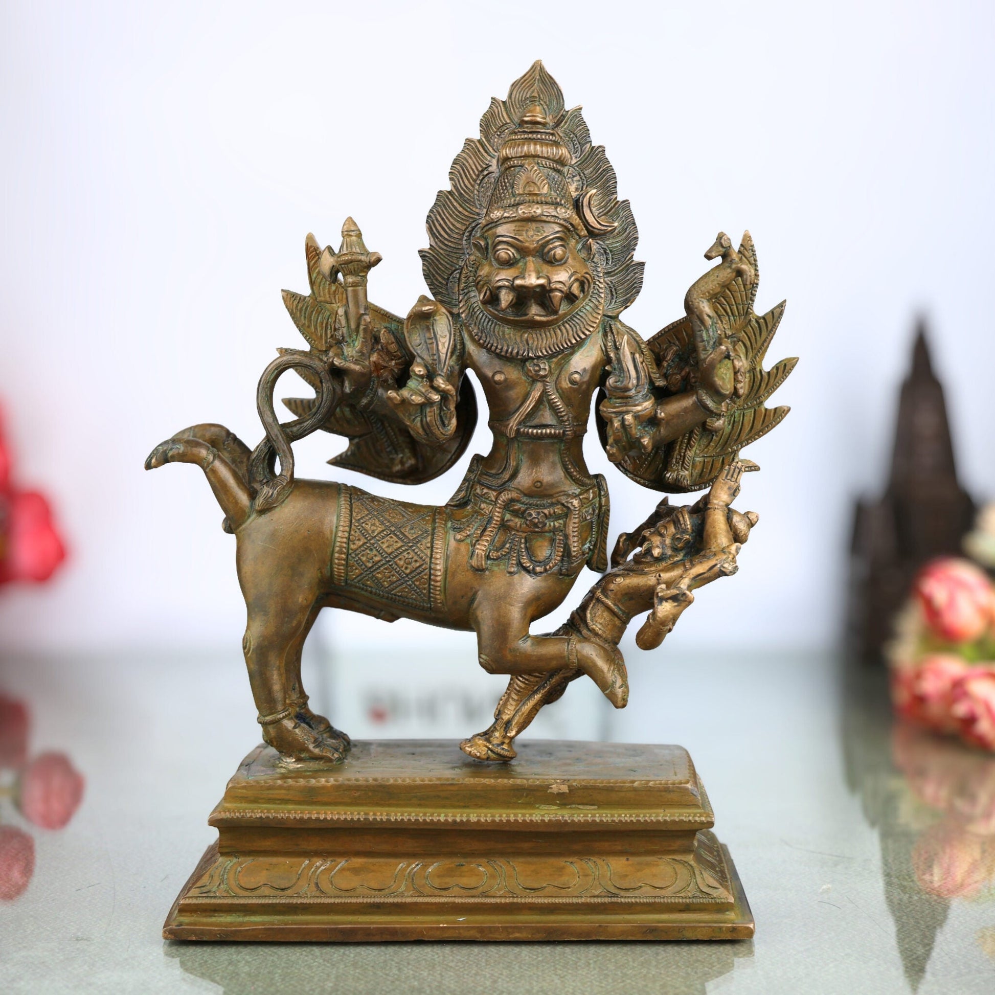 Bronze Sharabha Idol – Panchaloha/Ashtadhatu Handmade Sharabha Murti, Lord Sharabha Statue for Pooja & Home Decor, Chola Art, Decorative Temple Idol, Brown, 10 Inch, 1 Piece