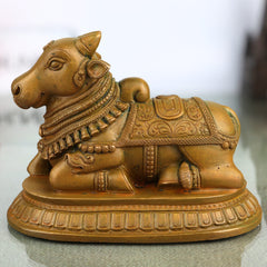 Handmade Bronze Nandi Idol, Panchaloha Nandhi Sculpture, Shiva Vahana Bull God, Nandikeshwara Vrishabha Murti, Chola Art Home & Temple Decor, Brown, 4.5 Inch, 1 Piece