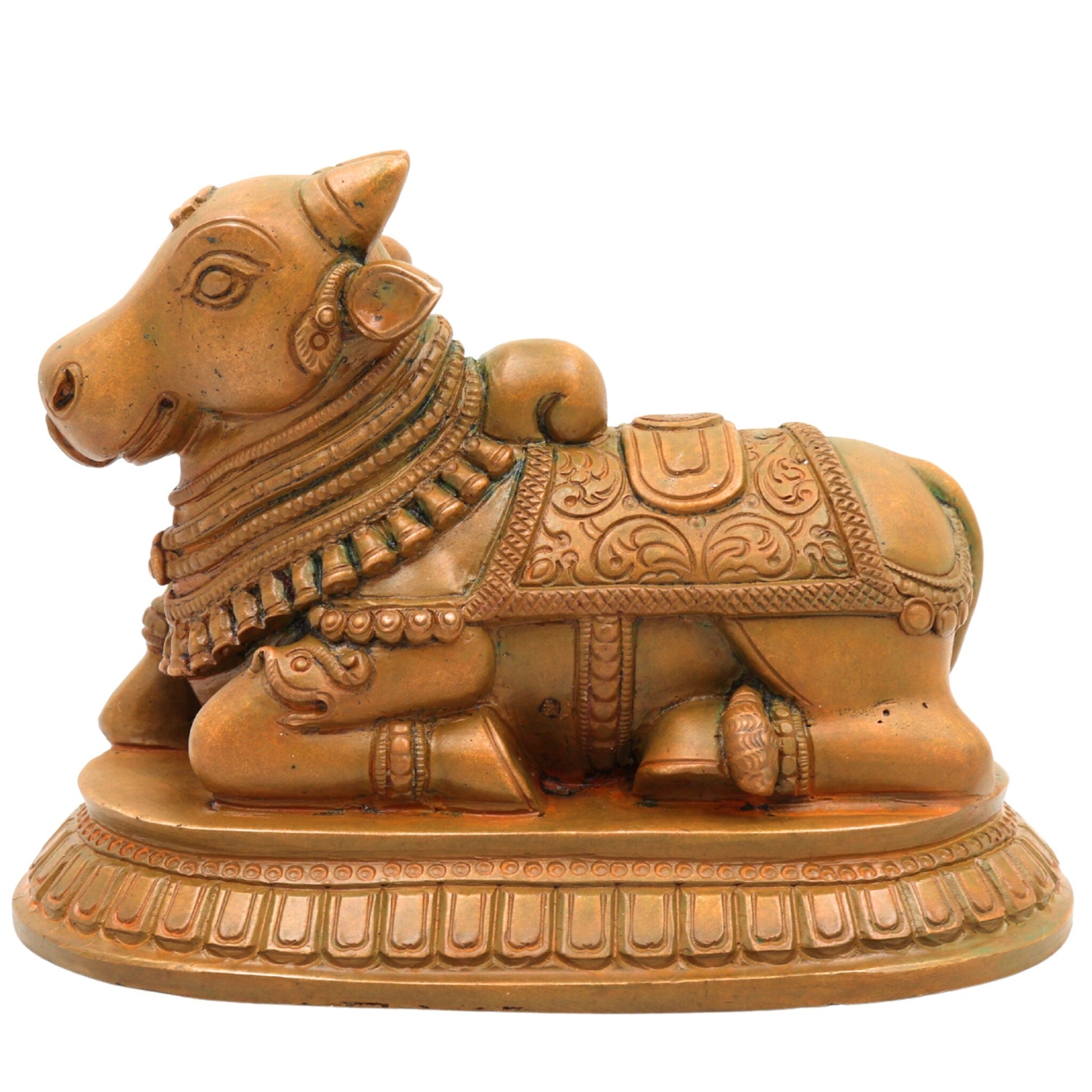 Handmade Bronze Nandi Idol, Panchaloha Nandhi Sculpture, Shiva Vahana Bull God, Nandikeshwara Vrishabha Murti, Chola Art Home & Temple Decor, Brown, 4.5 Inch, 1 Piece