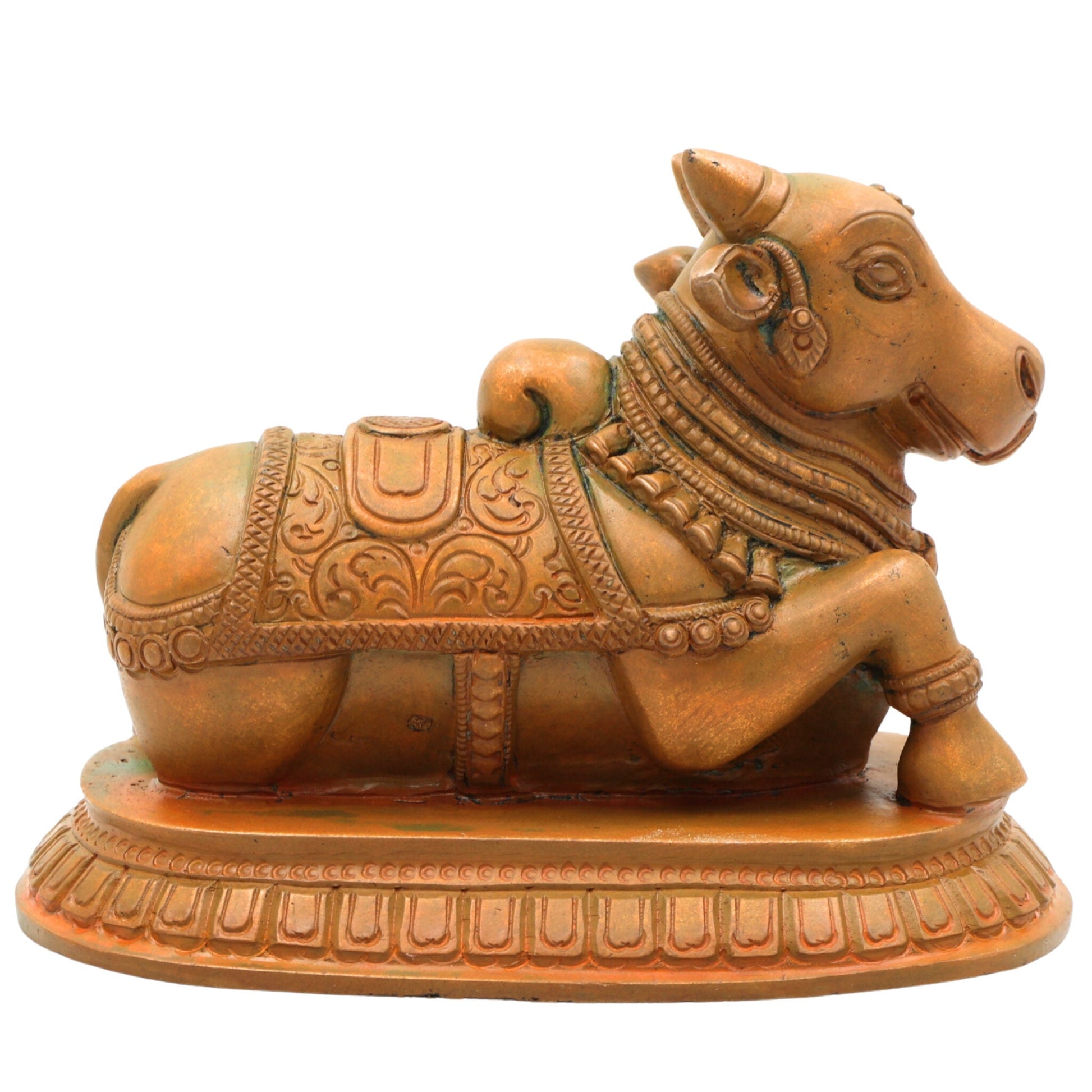 Handmade Bronze Nandi Idol, Panchaloha Nandhi Sculpture, Shiva Vahana Bull God, Nandikeshwara Vrishabha Murti, Chola Art Home & Temple Decor, Brown, 4.5 Inch, 1 Piece