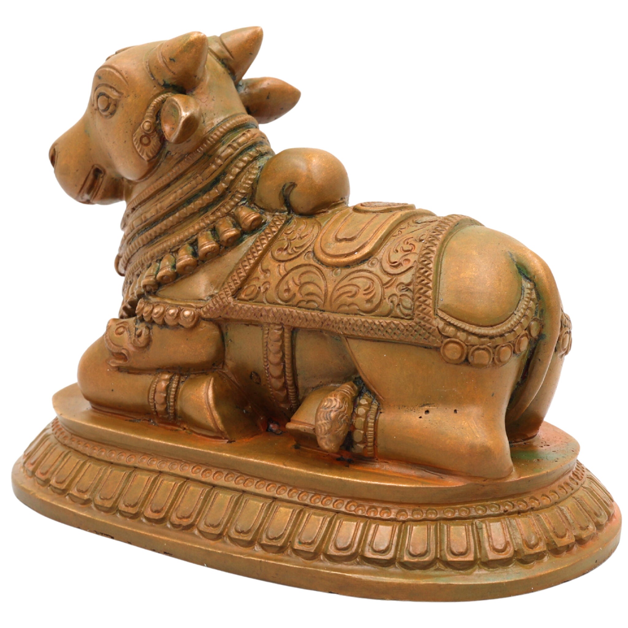 Handmade Bronze Nandi Idol, Panchaloha Nandhi Sculpture, Shiva Vahana Bull God, Nandikeshwara Vrishabha Murti, Chola Art Home & Temple Decor, Brown, 4.5 Inch, 1 Piece