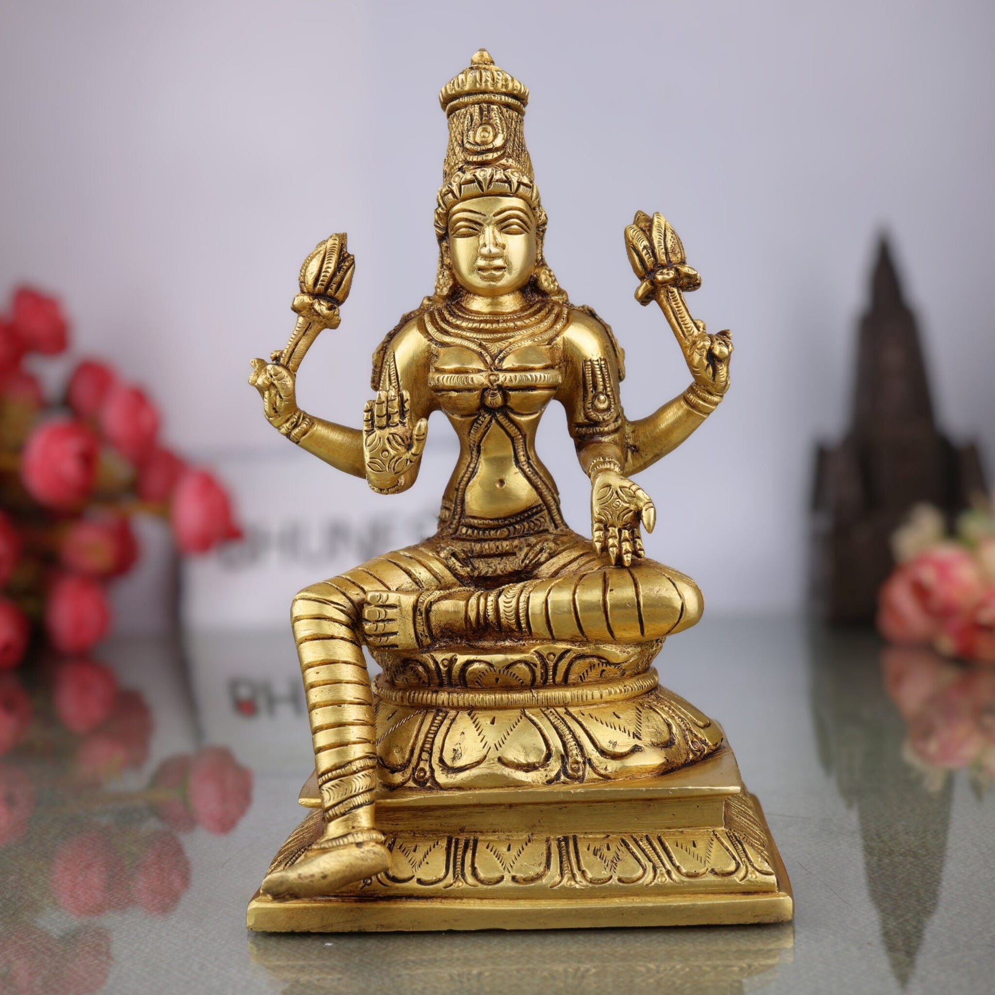 Brass Lakshmi Idol, Shri Mahalakshmi Murti, Kamala Statue, Goddess Lakshmi Sculpture for Pooja, Home Decor, Gifts, Prosperity & Wealth, Gold, 9.5 Inch, 1 Piece