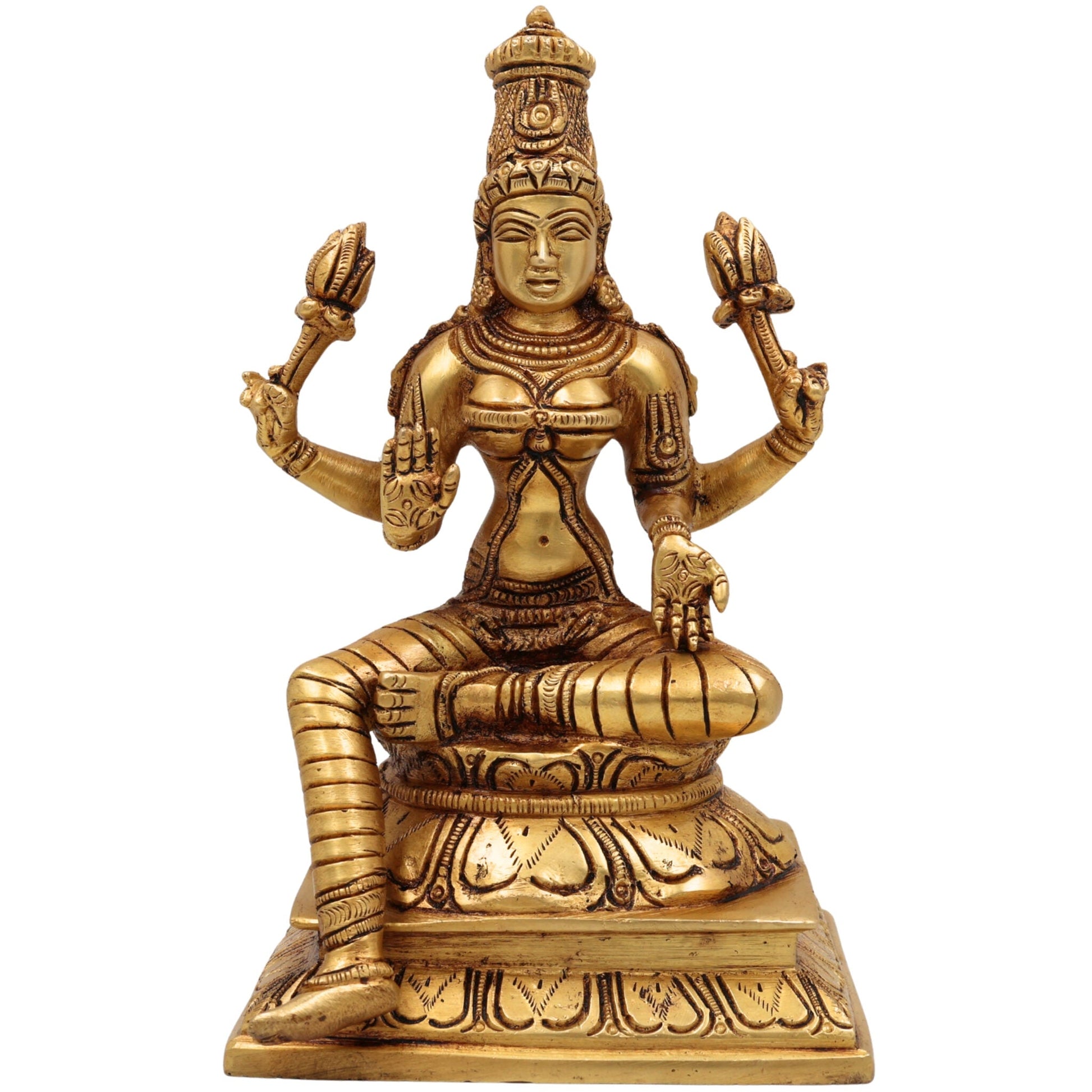 Brass Lakshmi Idol, Shri Mahalakshmi Murti, Kamala Statue, Goddess Lakshmi Sculpture for Pooja, Home Decor, Gifts, Prosperity & Wealth, Gold, 9.5 Inch, 1 Piece