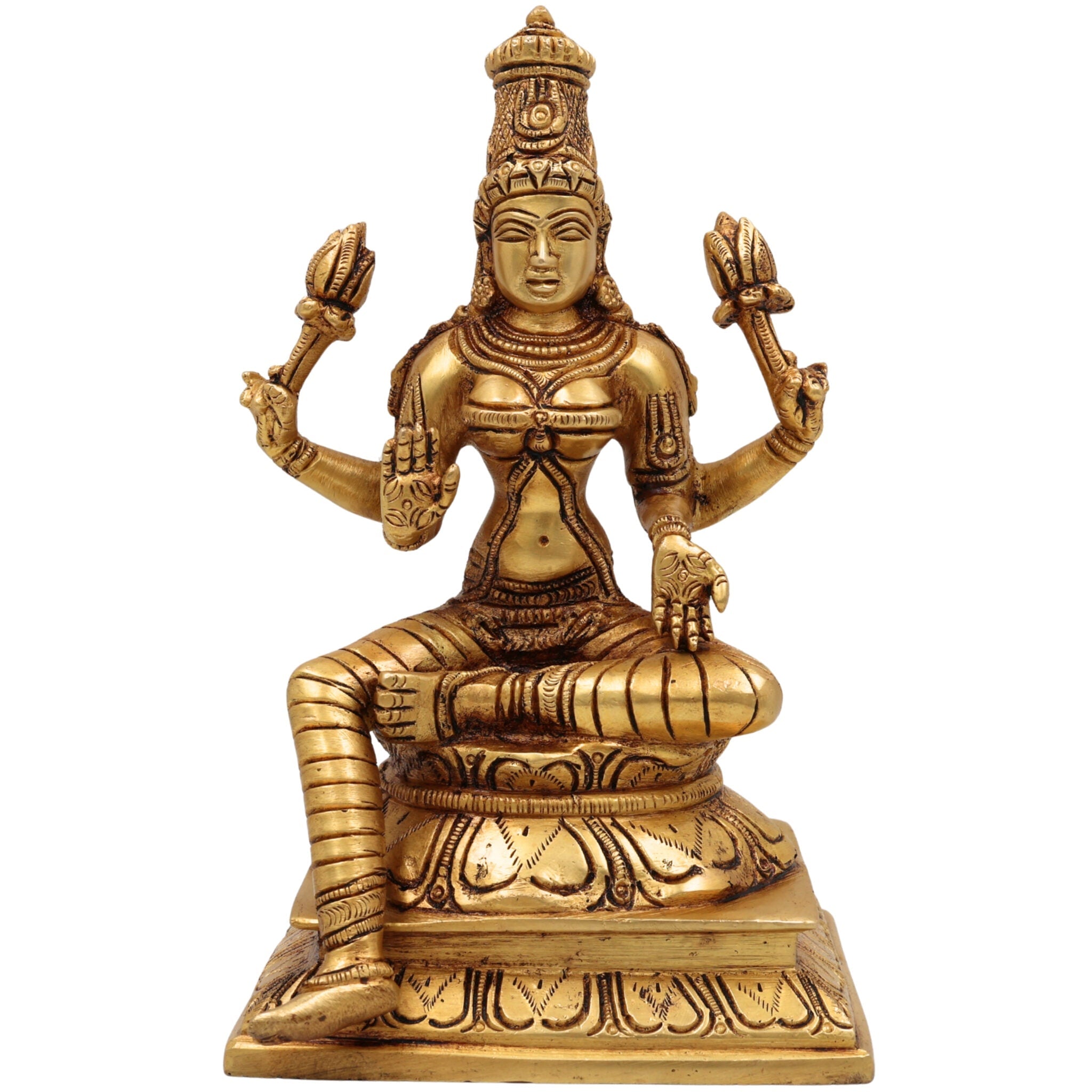 Brass Lakshmi Idol, Shri Mahalakshmi Murti, Kamala Statue, Goddess Lakshmi Sculpture for Pooja, Home Decor, Gifts, Prosperity & Wealth, Gold, 9.5 Inch, 1 Piece