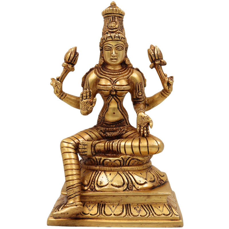 Brass Lakshmi Idol, Shri Mahalakshmi Murti, Kamala Statue, Goddess Lakshmi Sculpture for Pooja, Home Decor, Gifts, Prosperity & Wealth, Gold, 9.5 Inch, 1 Piece