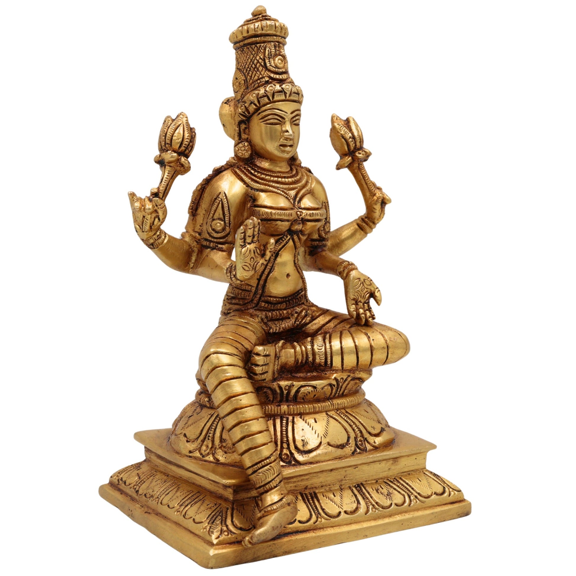Brass Lakshmi Idol, Shri Mahalakshmi Murti, Kamala Statue, Goddess Lakshmi Sculpture for Pooja, Home Decor, Gifts, Prosperity & Wealth, Gold, 9.5 Inch, 1 Piece