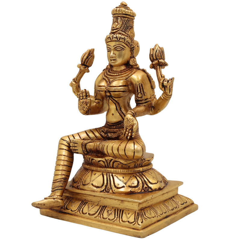 Brass Lakshmi Idol, Shri Mahalakshmi Murti, Kamala Statue, Goddess Lakshmi Sculpture for Pooja, Home Decor, Gifts, Prosperity & Wealth, Gold, 9.5 Inch, 1 Piece
