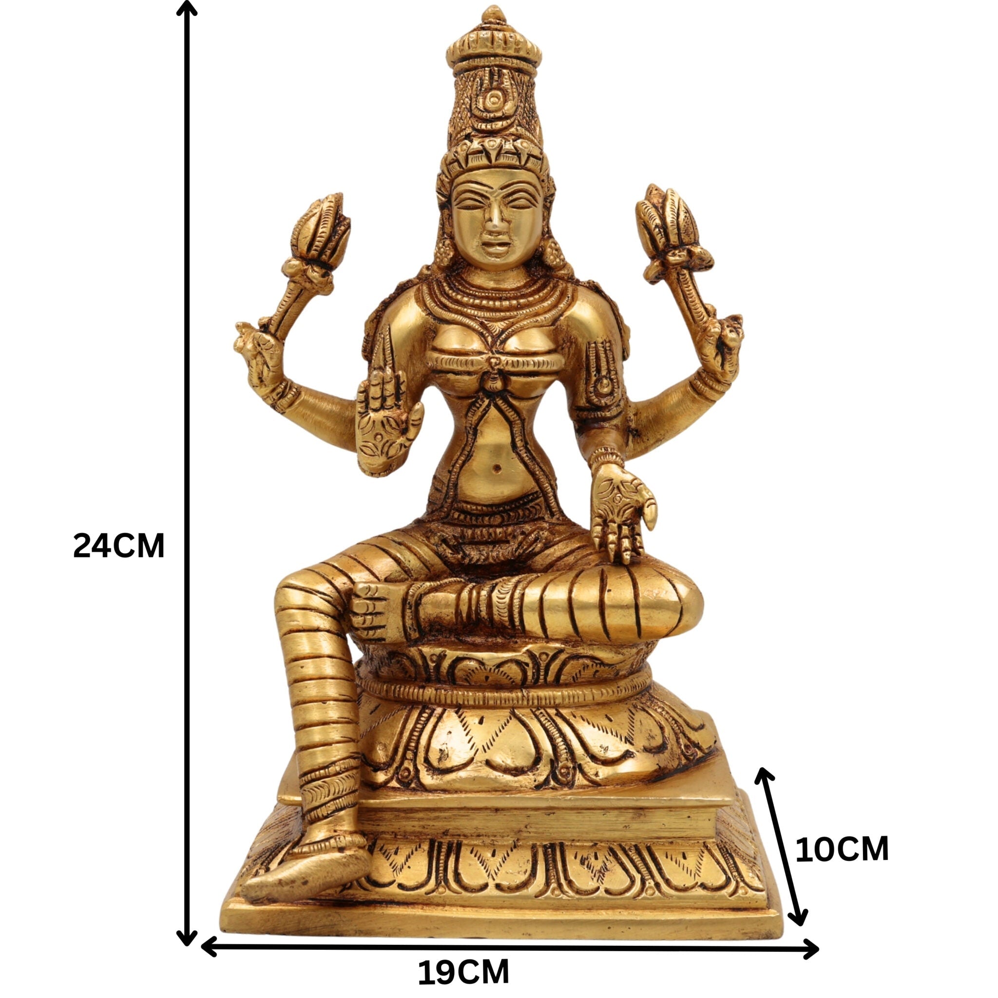 Brass Lakshmi Idol, Shri Mahalakshmi Murti, Kamala Statue, Goddess Lakshmi Sculpture for Pooja, Home Decor, Gifts, Prosperity & Wealth, Gold, 9.5 Inch, 1 Piece