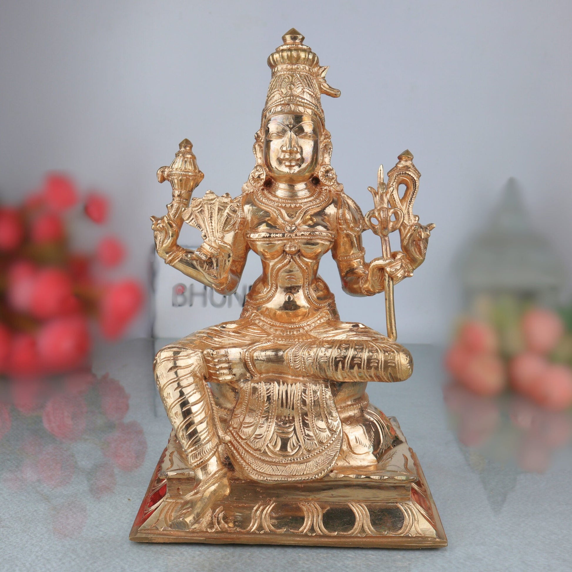 Bronze Rajarajeshwari Idol, Panchaloha Murti, Handmade Raja Rajeshwari Goddess Sculpture, Chola Art Statue for Pooja & Home Decor, Gold, 10.5 Inch, 1 Piece