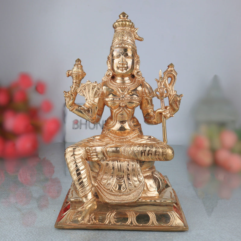 Bronze Rajarajeshwari Idol, Panchaloha Murti, Handmade Raja Rajeshwari Goddess Sculpture, Chola Art Statue for Pooja & Home Decor, Gold, 10.5 Inch, 1 Piece