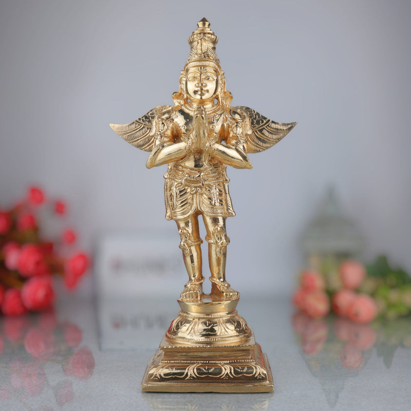 Bronze Garuda Idol, Handmade Panchaloha Murti, Vishnu Vahana Statue, Chola Art Decorative Poja Sculpture, Panchadhatu Artisan Figurine, Gold, 13 Inch, 1 Piece