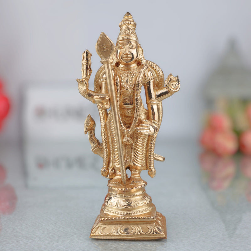 Bronze Handcrafted Murugan Idol, Thiruchandur Murugan Statue, Panchaloha Skanda, Kartikeya, Subramanya, Velan, South India Art, Gold, 6 Inch, 1 Piece