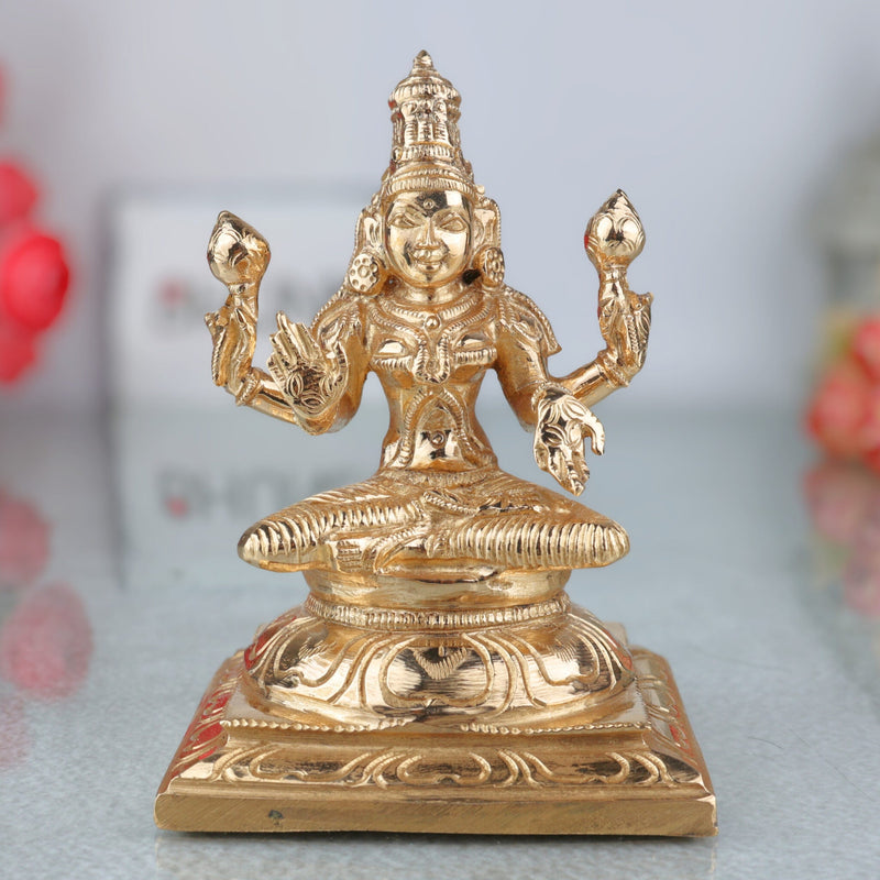Bronze Handcrafted Lakshmi Idol, Panchaloha & Panchdhatu Murti, Dhanalakshmi, Mahalakshmi, Padmavati, Kamala, Varalakshmi Statue, Gold, 5 Inch, 1 Piece