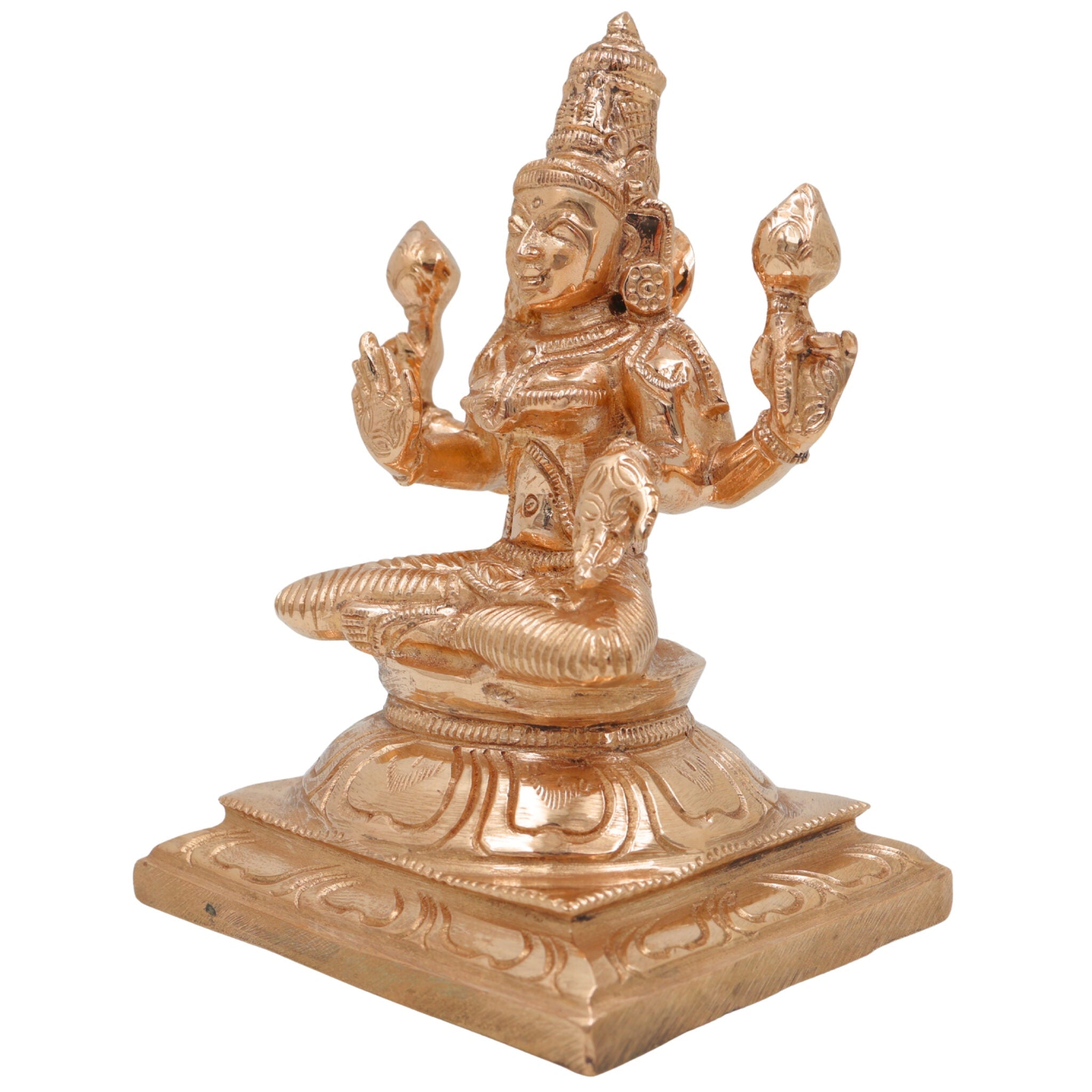 Bronze Handcrafted Lakshmi Idol, Panchaloha & Panchdhatu Murti, Dhanalakshmi, Mahalakshmi, Padmavati, Kamala, Varalakshmi Statue, Gold, 5 Inch, 1 Piece