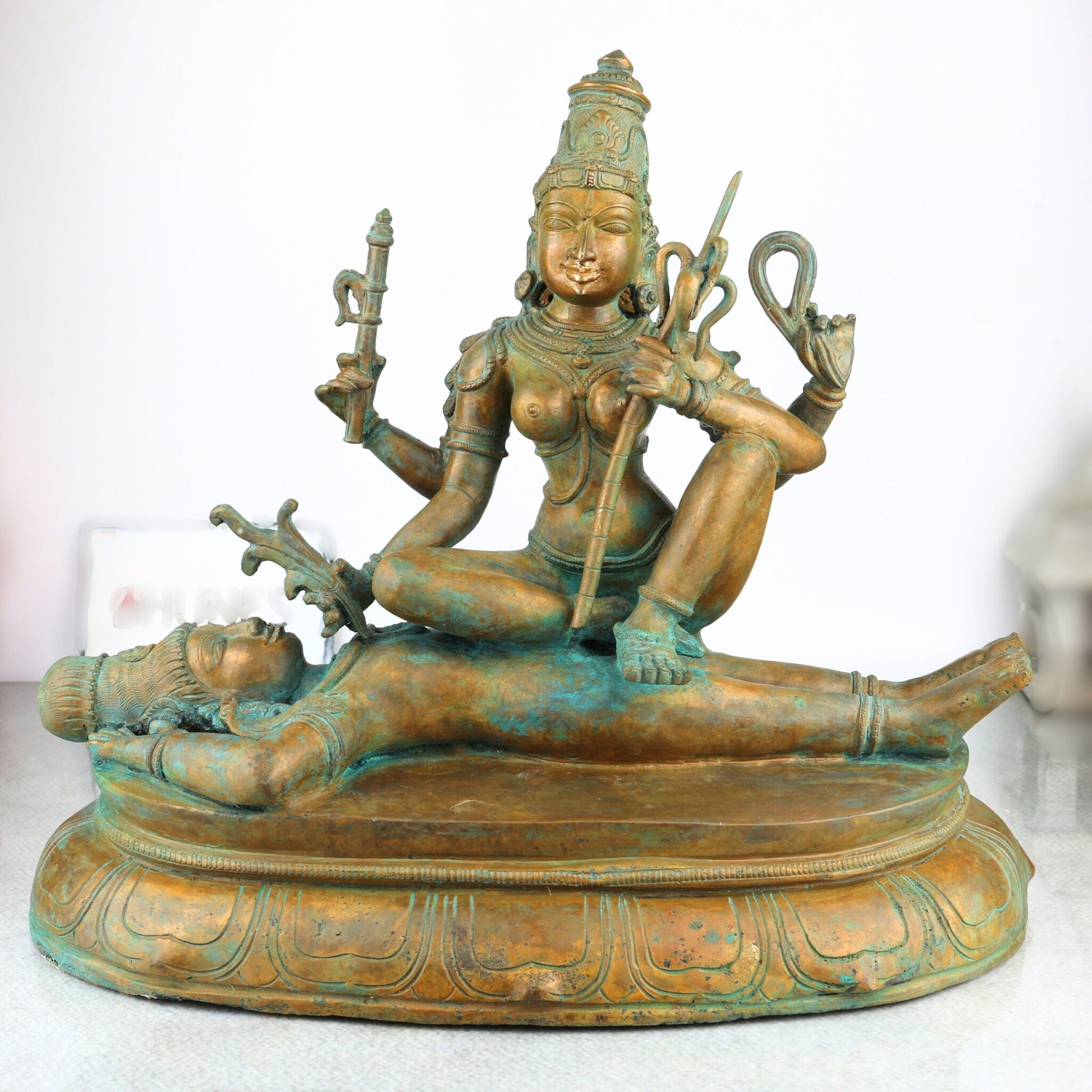 Bronze Handcrafted Sodeshwari On Shiva Idol, Panchaloha Murti, Chola Art Statue, Home Temple Decor, Spiritual Giftable Sculpture, Gold, 13.5 Inch, 1 Piece