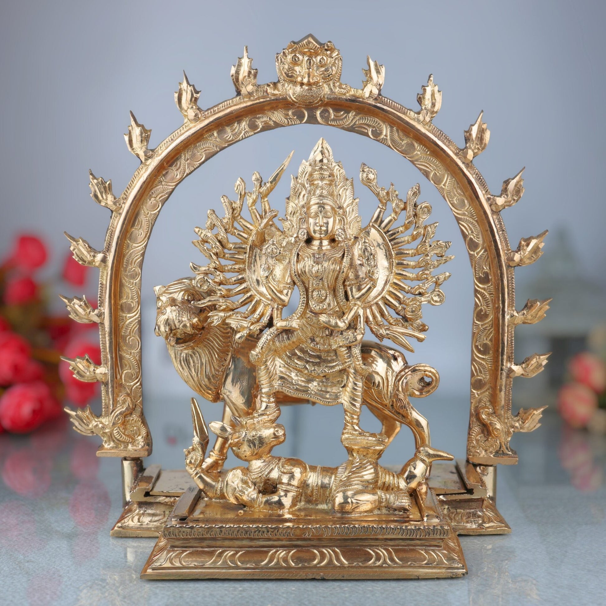 Bronze Durga Idol Mahishasuramardini Murti | Maa Durga, Shakti, Ambika, Bhavani Statue | Panchaloha Chola Art Sculpture for Temple & Home Decor, Gold, 12 Inch, 1 Piece