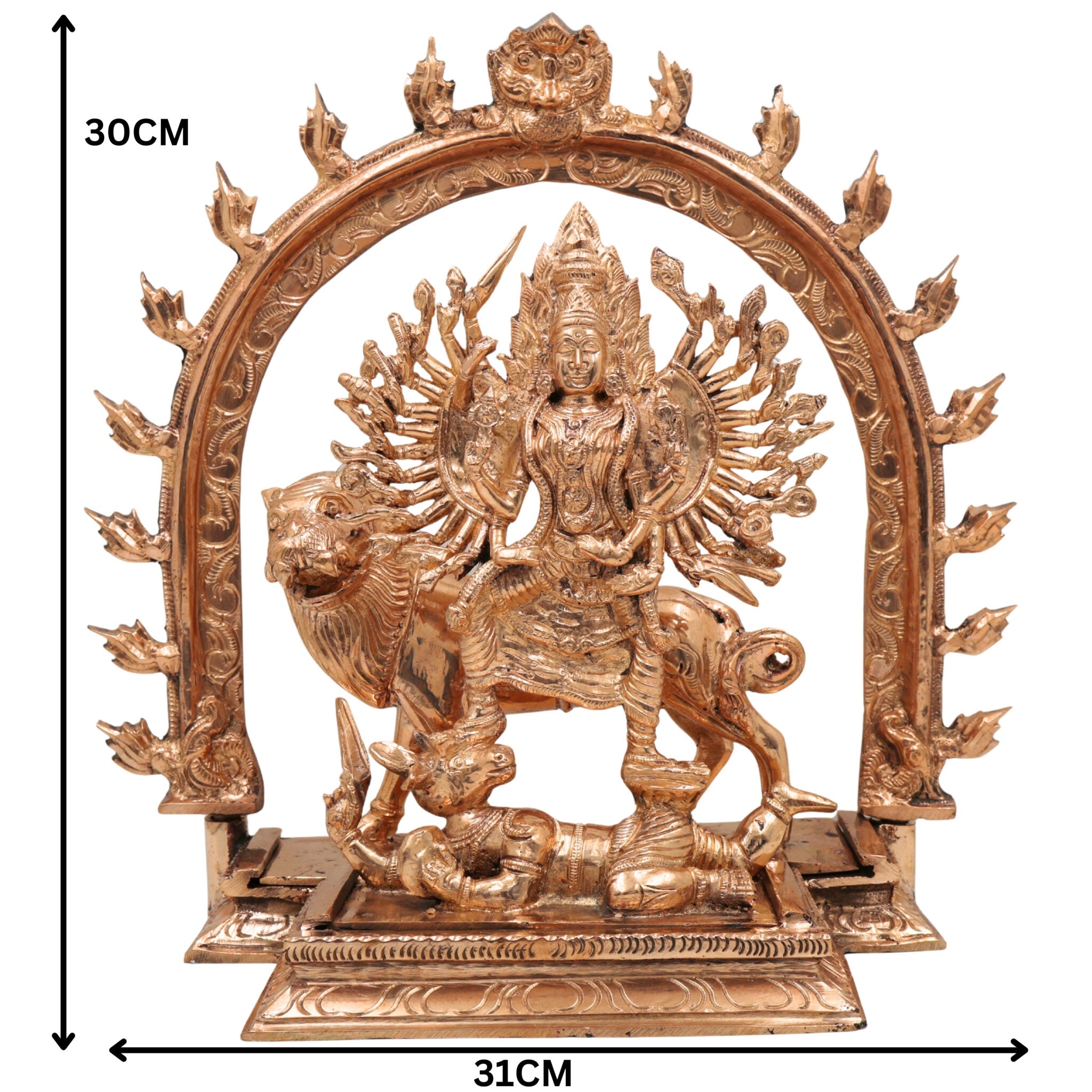 Bronze Durga Idol Mahishasuramardini Murti | Maa Durga, Shakti, Ambika, Bhavani Statue | Panchaloha Chola Art Sculpture for Temple & Home Decor, Gold, 12 Inch, 1 Piece