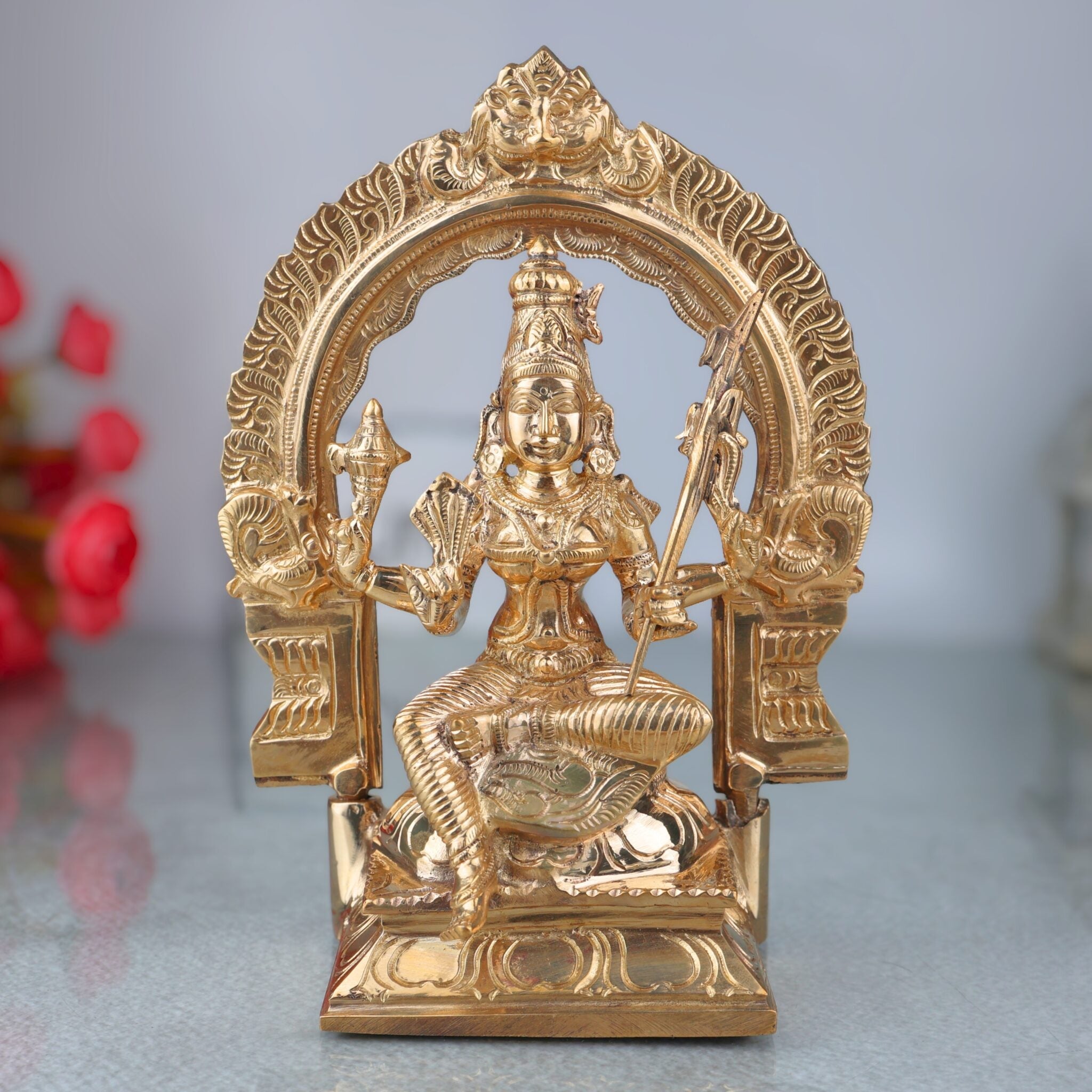 Bronze Rajarajeshwari Idol with Prabhavali, Handmade Panchaloha / Panchadhatu Goddess Murti, Raja Rajeshwari Lalitha Tripura Sundari Deity Sculpture, Gold, 8.5 Inch, 1 Piece
