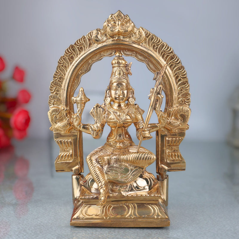 Bronze Rajarajeshwari Idol with Prabhavali, Handmade Panchaloha / Panchadhatu Goddess Murti, Raja Rajeshwari Lalitha Tripura Sundari Deity Sculpture, Gold, 8.5 Inch, 1 Piece
