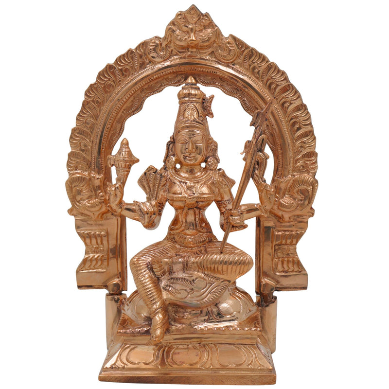 Bronze Rajarajeshwari Idol with Prabhavali, Handmade Panchaloha / Panchadhatu Goddess Murti, Raja Rajeshwari Lalitha Tripura Sundari Deity Sculpture, Gold, 8.5 Inch, 1 Piece
