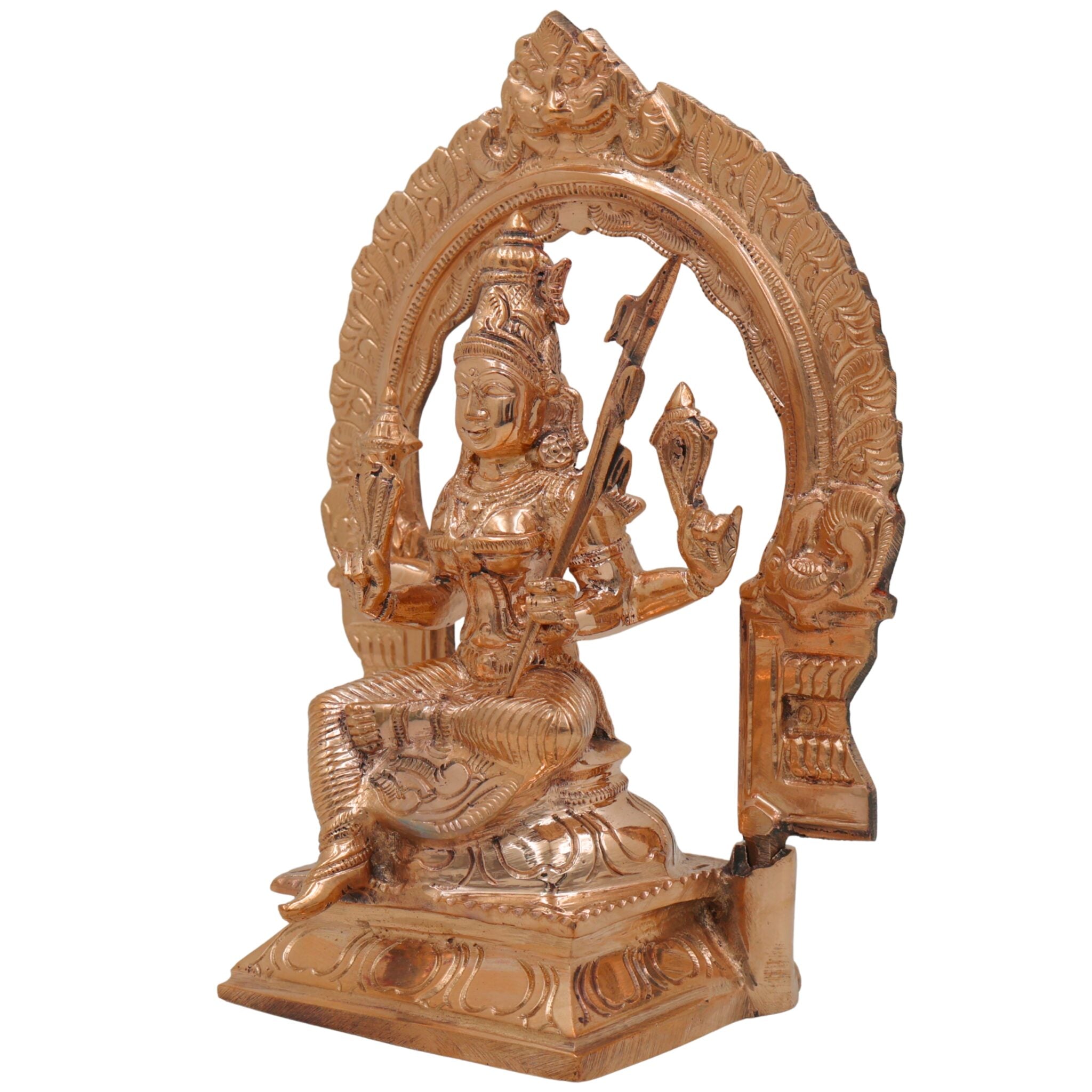 Bronze Rajarajeshwari Idol with Prabhavali, Handmade Panchaloha / Panchadhatu Goddess Murti, Raja Rajeshwari Lalitha Tripura Sundari Deity Sculpture, Gold, 8.5 Inch, 1 Piece