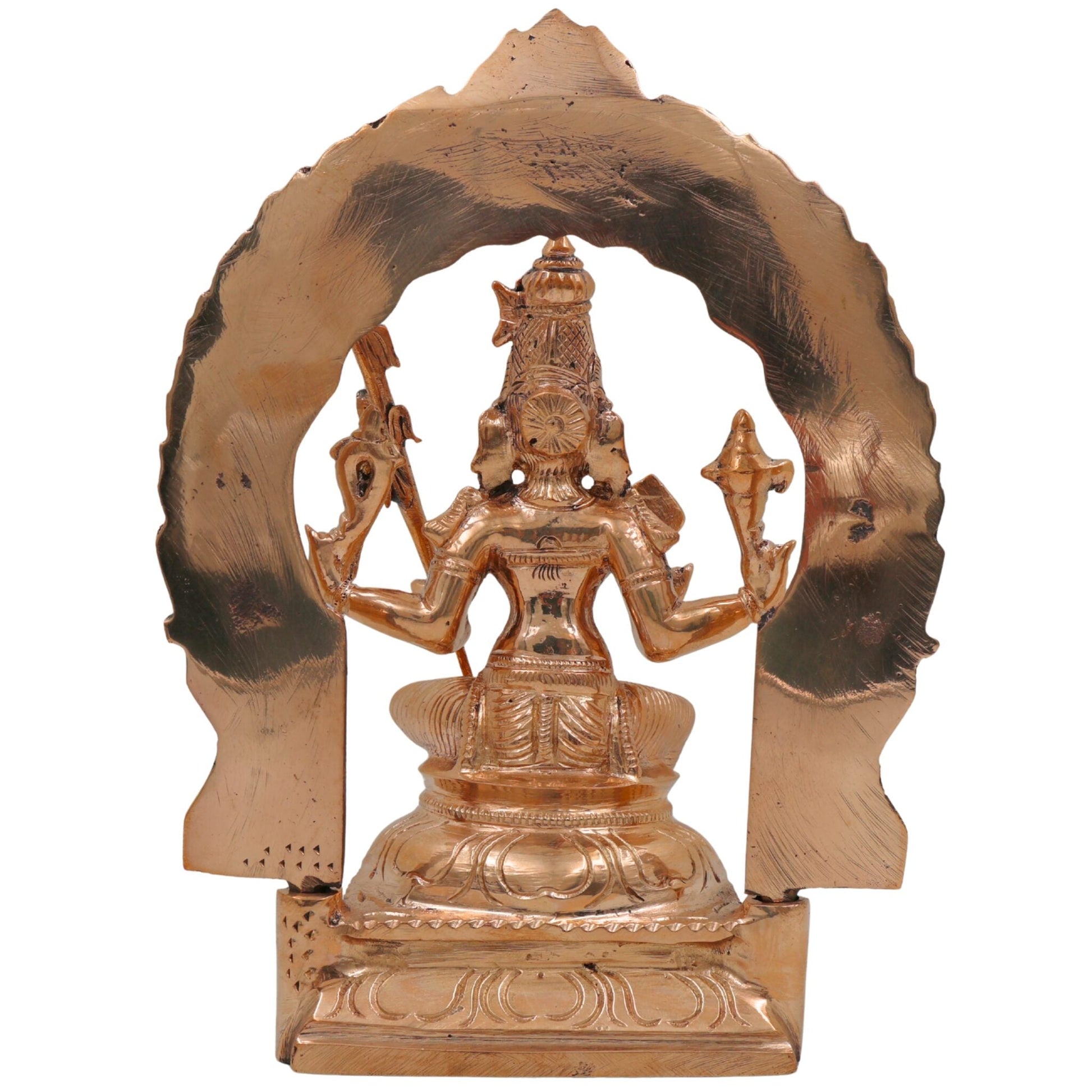 Bronze Rajarajeshwari Idol with Prabhavali, Handmade Panchaloha / Panchadhatu Goddess Murti, Raja Rajeshwari Lalitha Tripura Sundari Deity Sculpture, Gold, 8.5 Inch, 1 Piece
