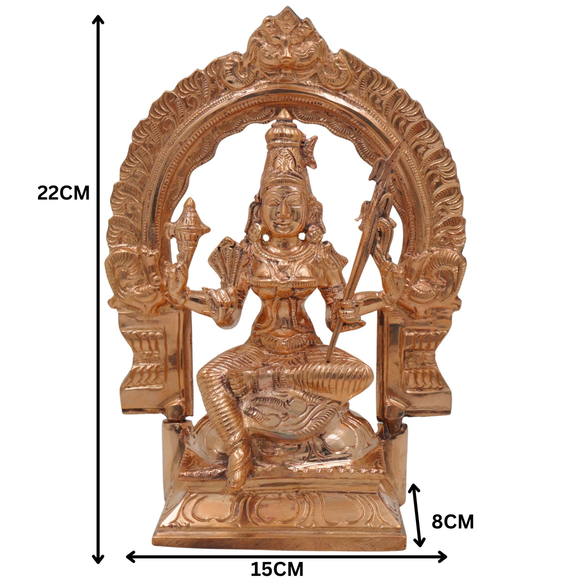 Bronze Rajarajeshwari Idol with Prabhavali, Handmade Panchaloha / Panchadhatu Goddess Murti, Raja Rajeshwari Lalitha Tripura Sundari Deity Sculpture, Gold, 8.5 Inch, 1 Piece