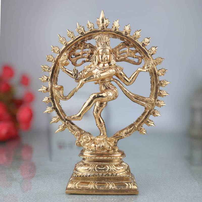 Bronze Nataraja Idol | Dancing Shiva Ananda Tandava Murti | Panchaloha Chola Art South Indian Shiva Statue, Gold, 9 Inch, 1 Piece