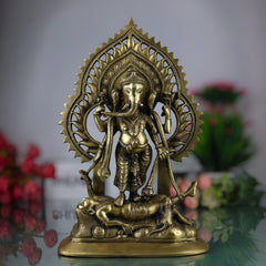 Brass Sindhura Samhara Ganesha Idol – Veera Ganapathi | Ugra Vinayaka | Asura Samhara Ganapati Murti for Home Temple & Puja Decor, Gold, 13 Inch, 1 Piece