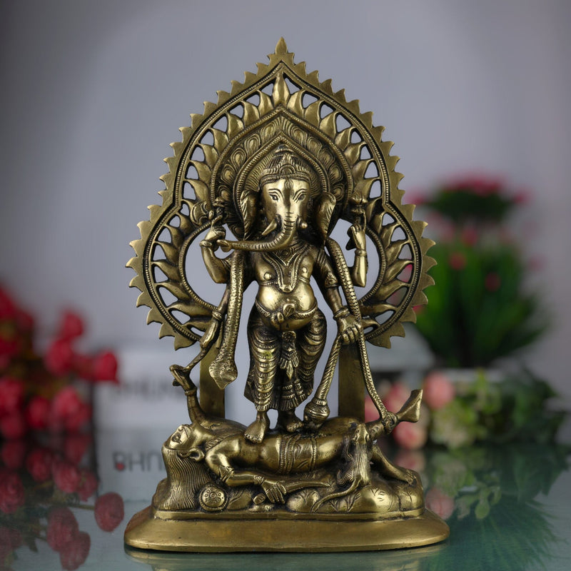Brass Sindhura Samhara Ganesha Idol – Veera Ganapathi | Ugra Vinayaka | Asura Samhara Ganapati Murti for Home Temple & Puja Decor, Gold, 13 Inch, 1 Piece